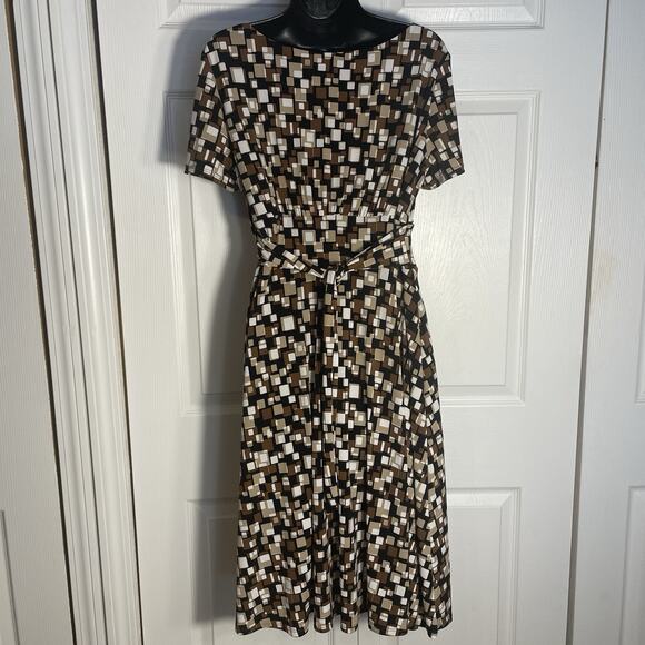 Vintage Y2K Danny Nicole Dress Women 12 Brown Geometric Pleated Back Tie Stretch - Picture 2 of 7